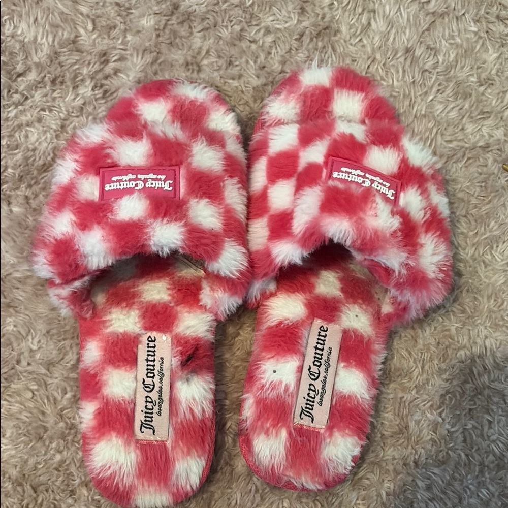 Juicy Couture Fuzzy Red and White Slippers
